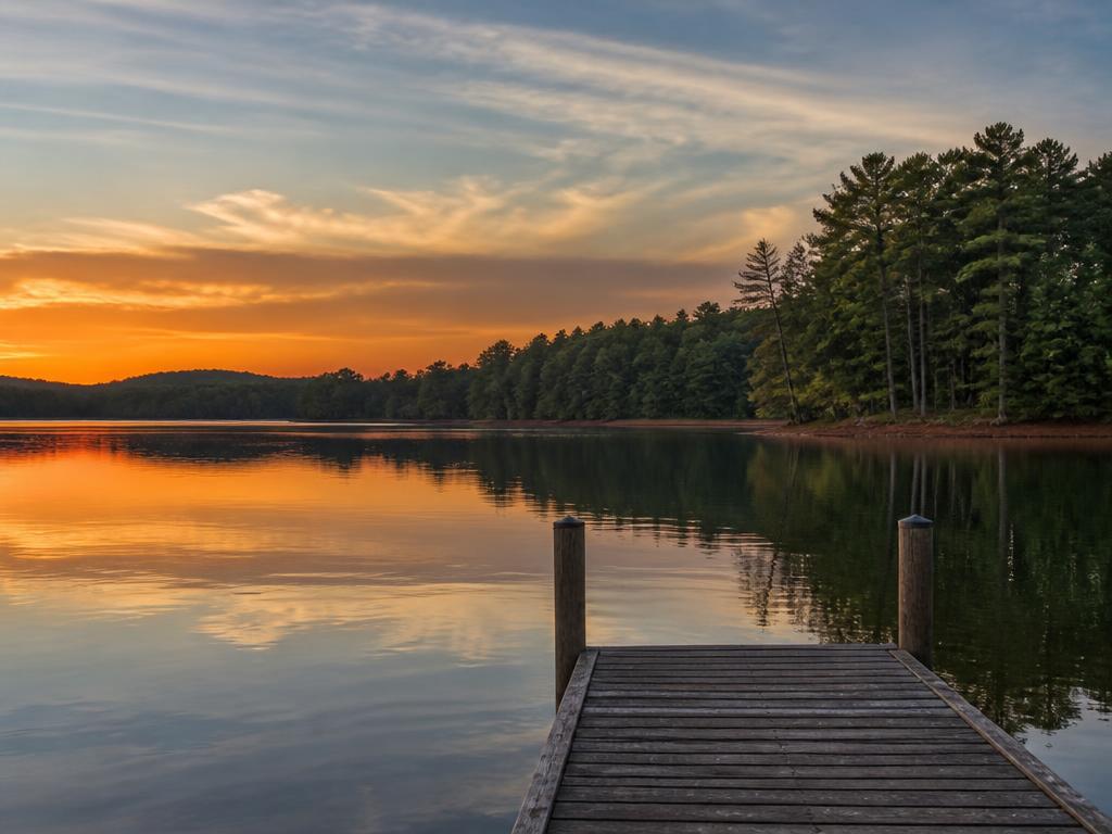 Wooden dock reaching into a calm Southern Virginia lake at sunset.