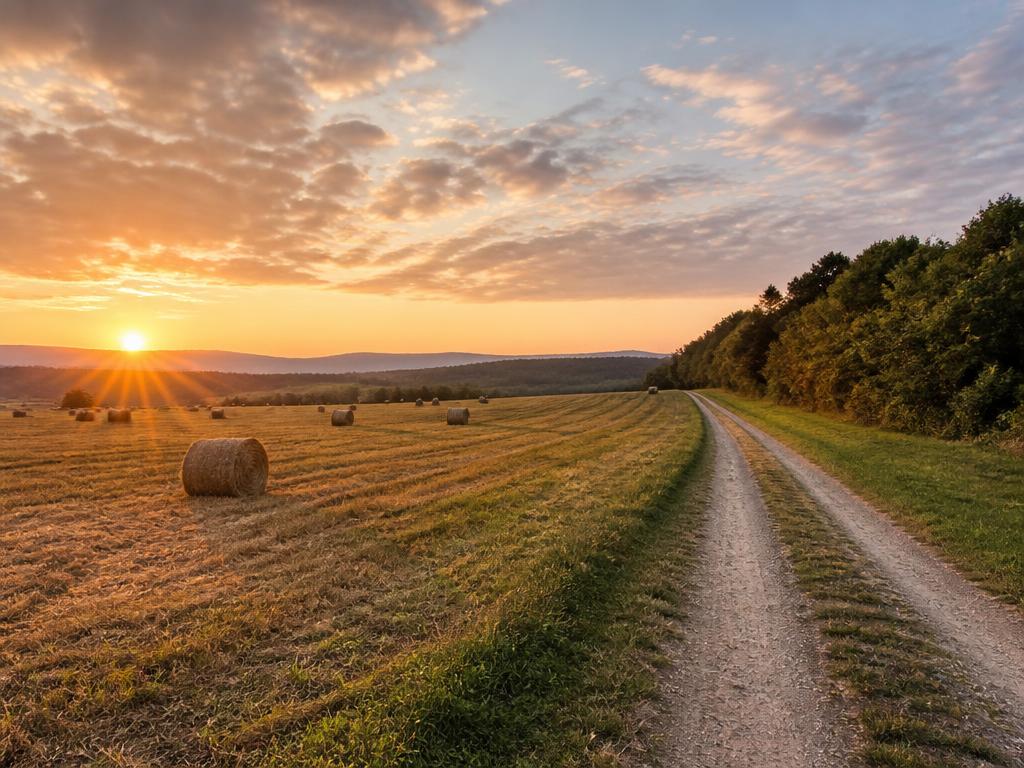 Open Virginia farmland with hay bales and a dirt lane at sunrise.