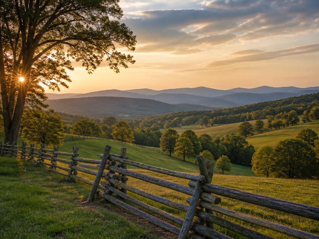 Rolling Southern Virginia countryside with a split-rail fence at sunset.