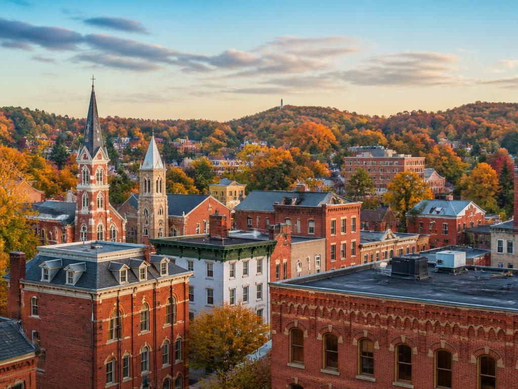 Historic brick rooftops of a Virginia city framed by autumn hillsides.