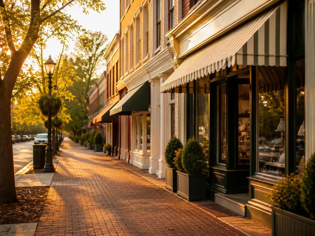 Golden-hour brick sidewalk along a historic small-town street in Southern Virginia.